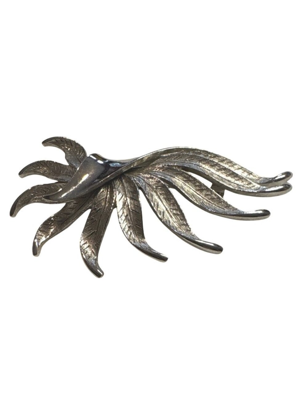 Vintage Silver-Tone Leaf Brooch Pin With Textured & Polished Details Retro State - Picture 4 of 10
